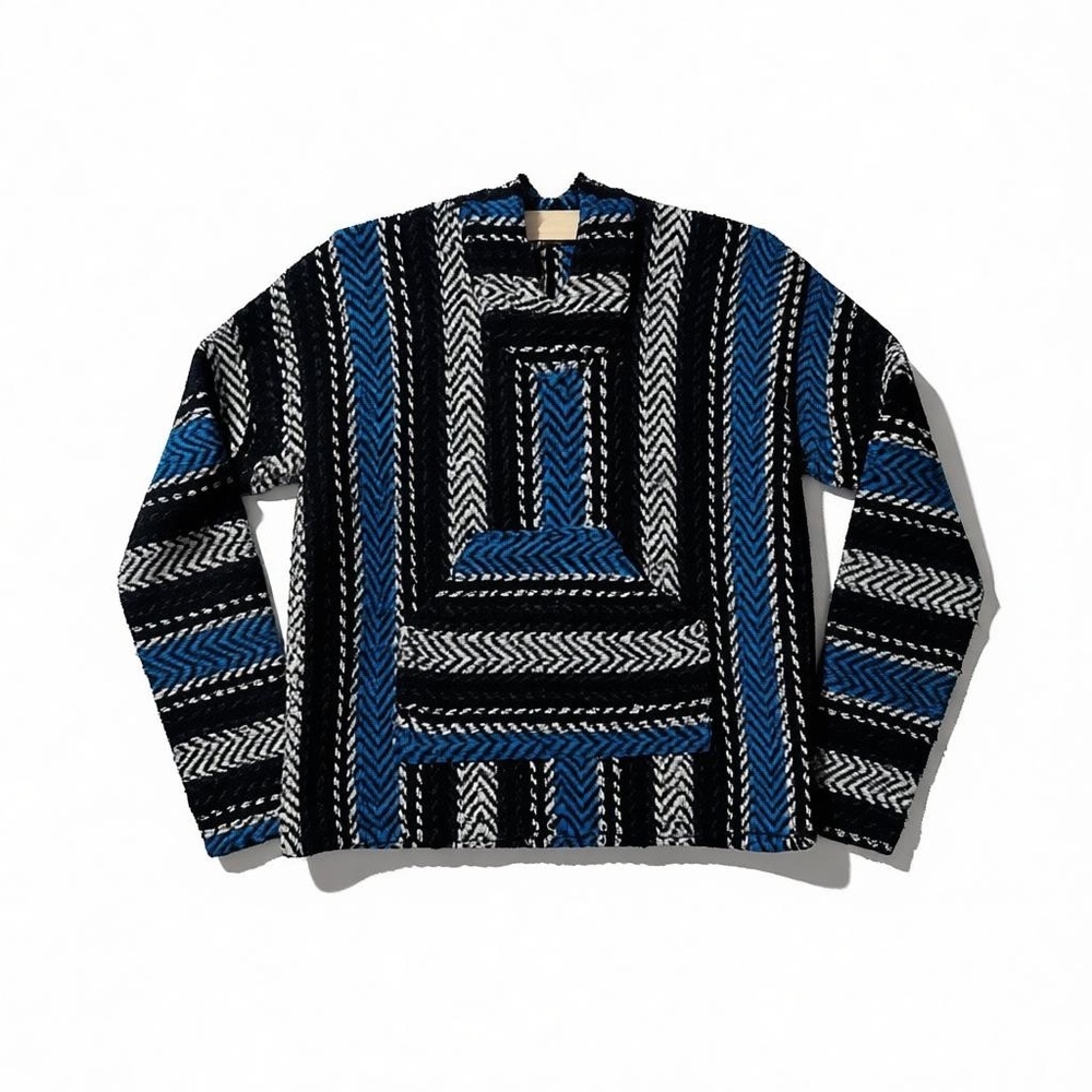 Vintage Baja Hoodie | Black Blue White Woven Pullover | 90s Grunge Sweater